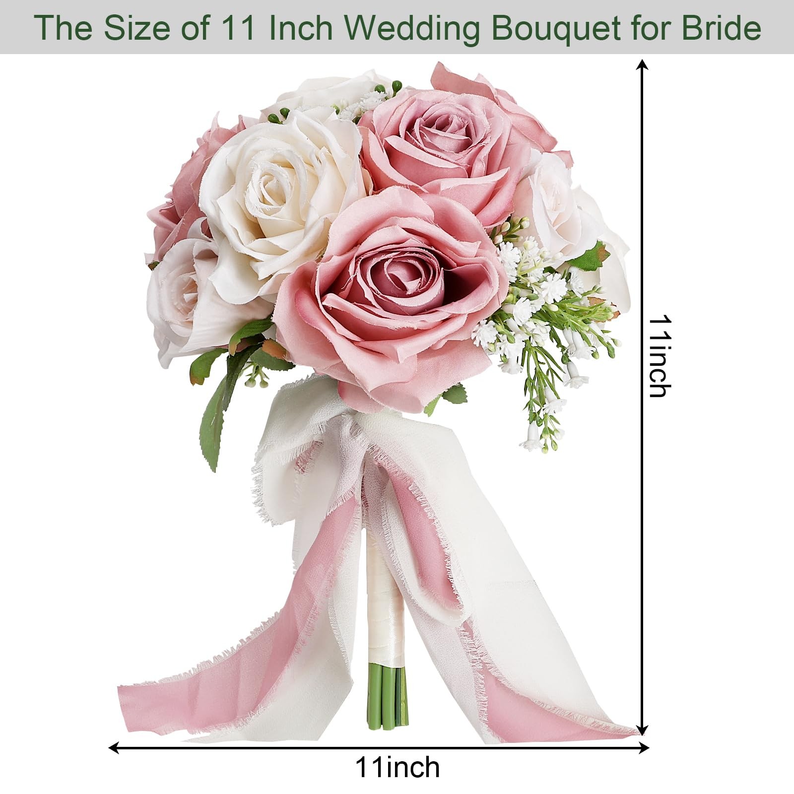 Dusty Pink White Premade Artificial Roses Wedding Bouquet Bridal Ceremony Decor