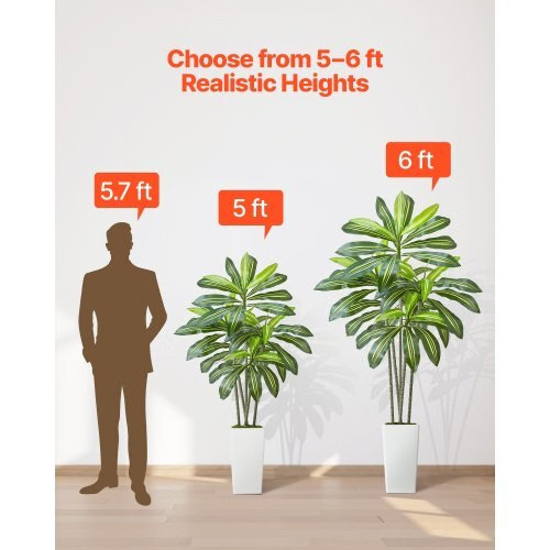 Artificial Dracaena Tree 6 ft, Fake Palm Tropical Plants with White Tall Planter