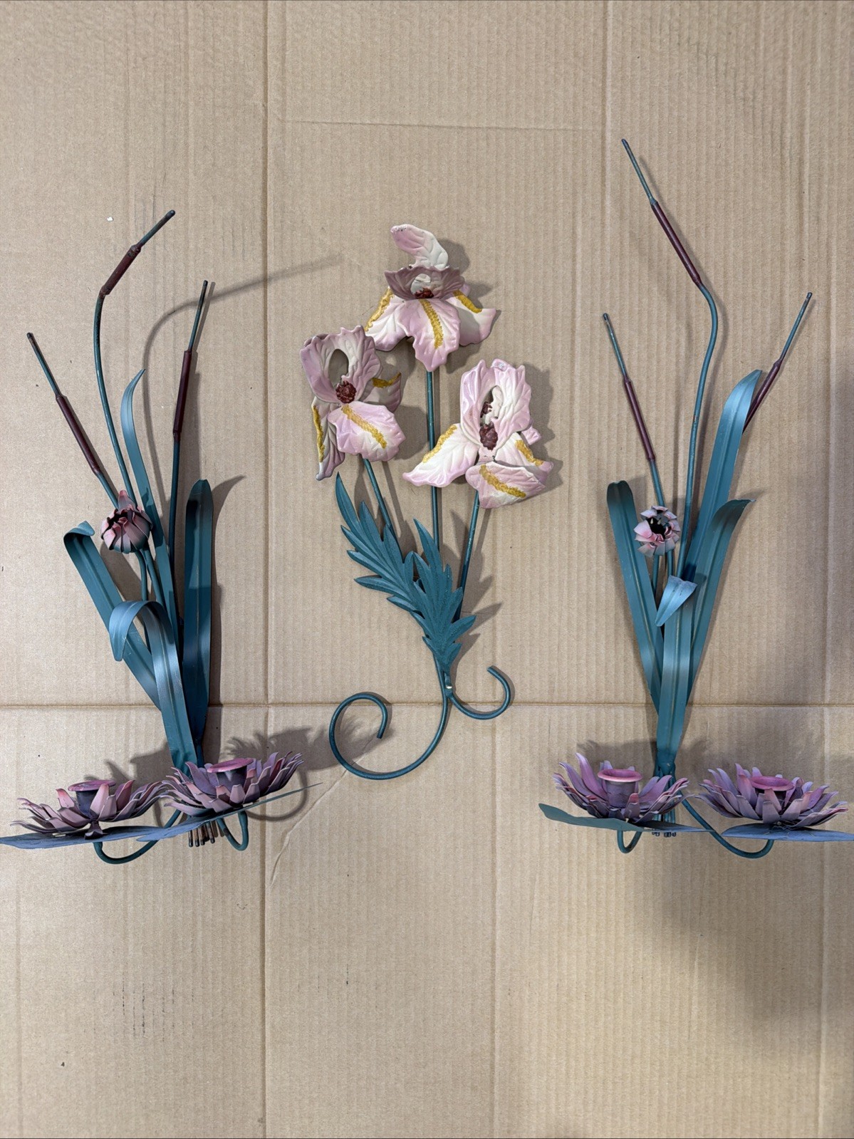 Vtg METAL CATTAIL LOTUS SCONCE & IRIS WALL ART MCM TOLEWARE 3 Pieces