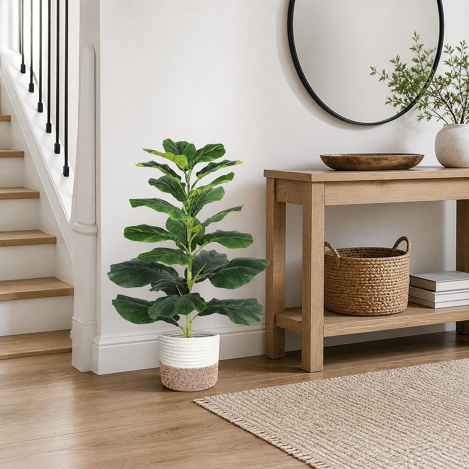 30 Inch Artificial Fiddle Leaf Fig Tree Realistic Fake Plant Cotton Basket