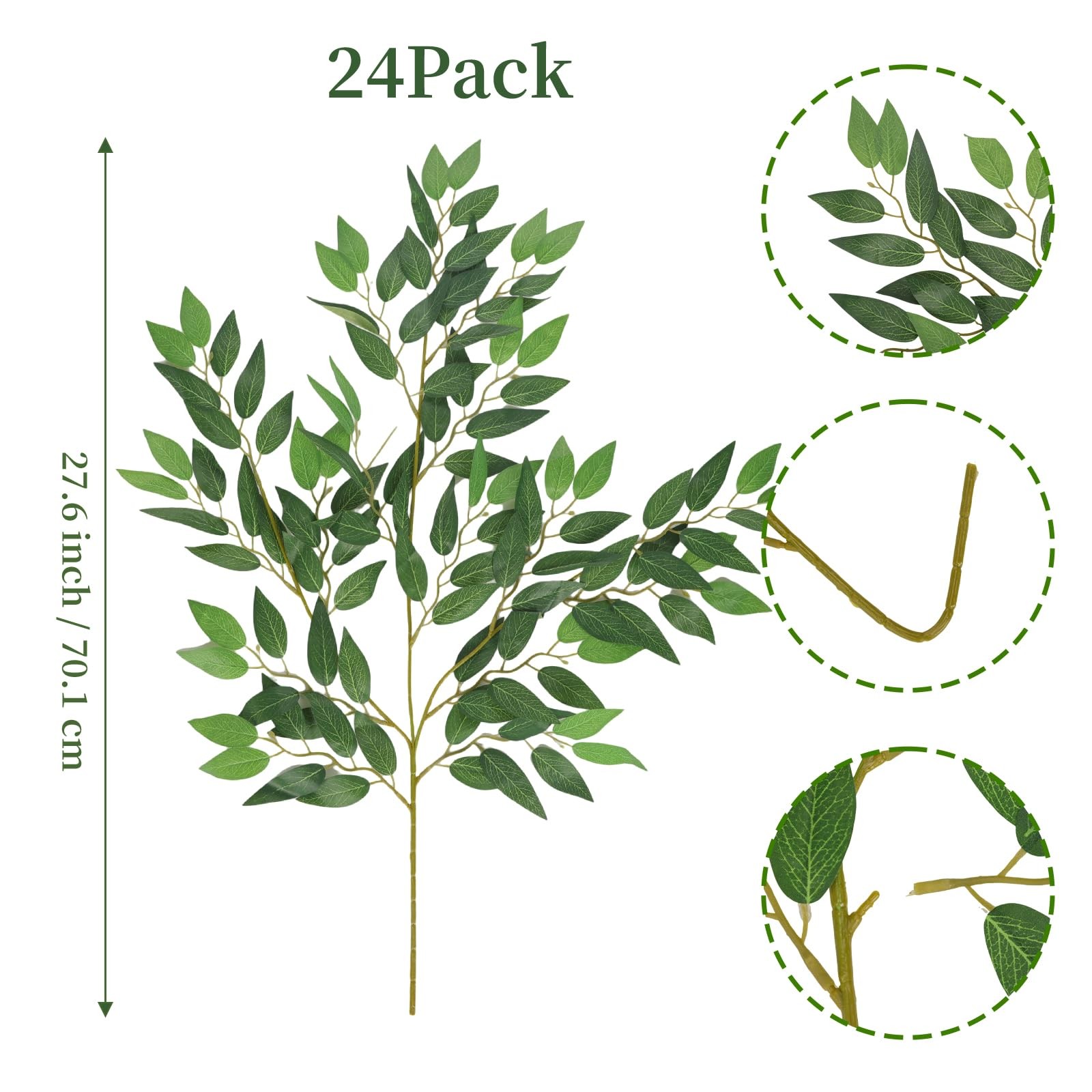 24pcs Italian Ruscus Greenery Stems, 27.6in Artificial Green Leaf Garland Vin…