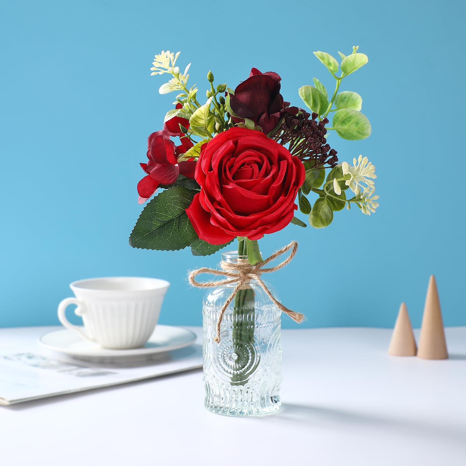 Artificial Flowers with Vase – Small Red Fake Plants Faux Silk Flower Arrange…