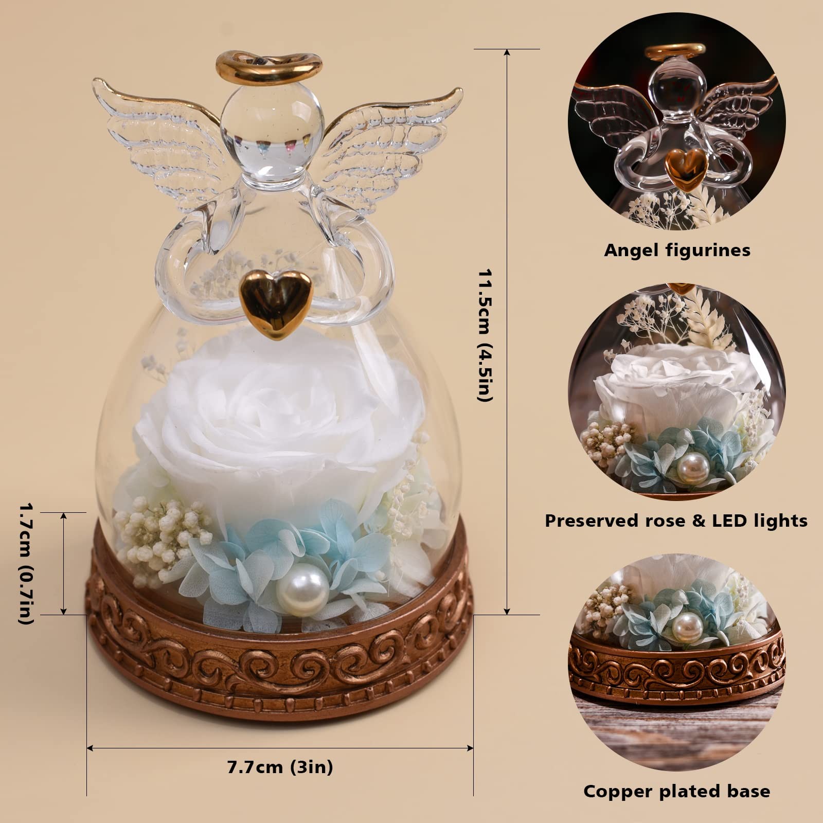 Preserved Real Rose in Glass Angel Figurine with LED Light, Angel Gifts for Wome