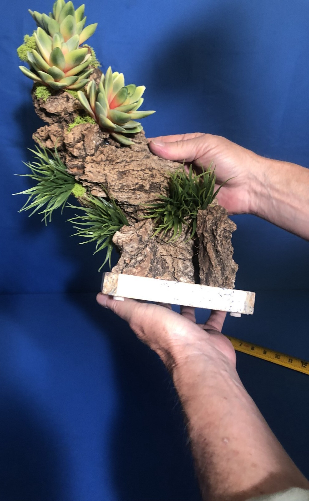 Artificial Succulent Air Plant Home Office Mounted on Real Wood Bark and Stone
