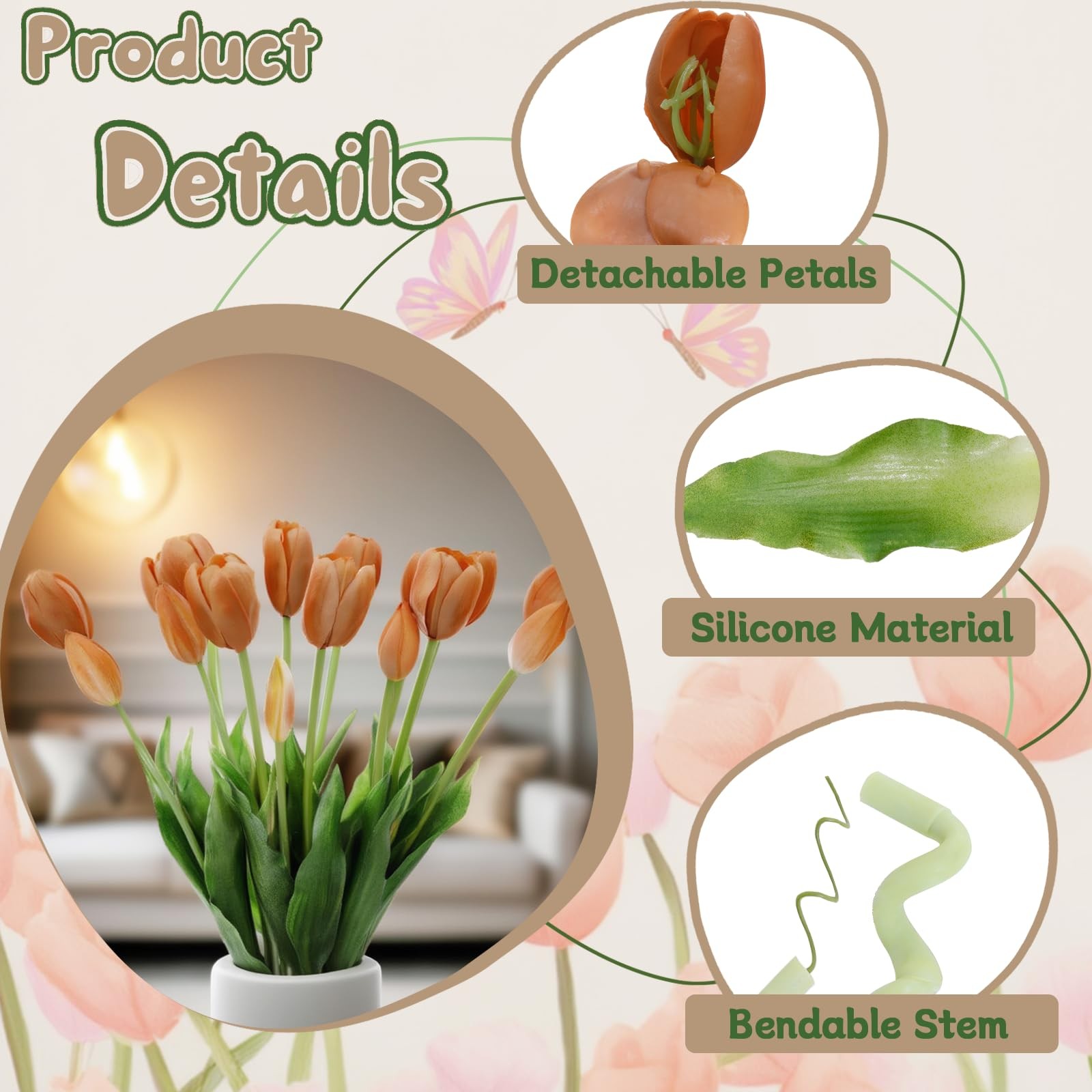 15 PCS Autumn Brown Latex Artificial Tulips Faux Flowers Waterproof Decor
