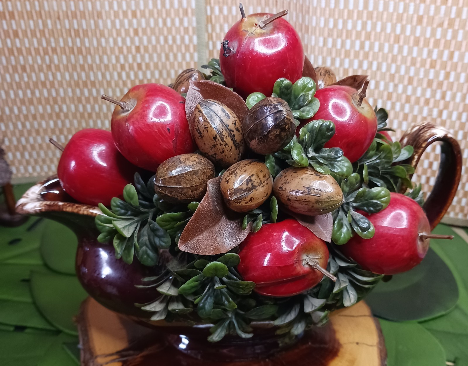 Faux Apple Nut Foliage Bouquet in HULL Vintage Teapot ~ Red Brown Green 11 x 8″