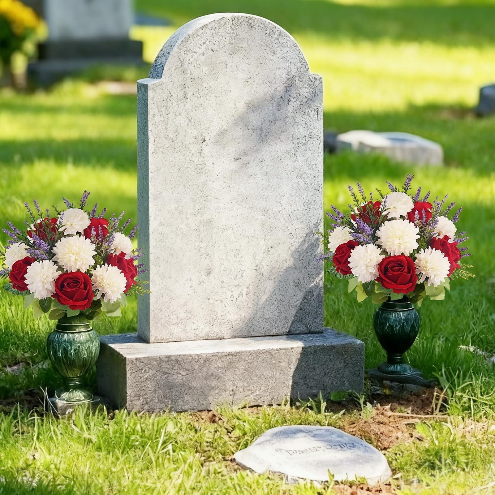 12 Inch Cemetery Flowers for Grave Fake Flower Bouquet Red Rose Silk