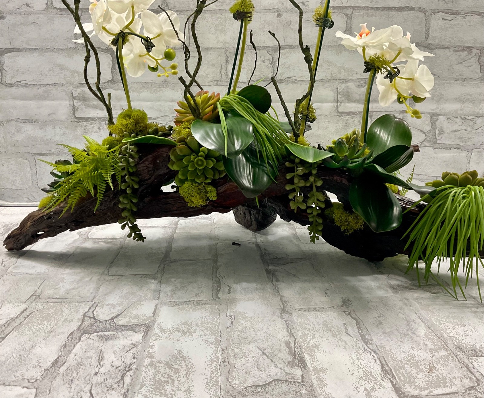 Large Driftwood Orchid Arrangement, White Real Touch Orchids Succulents 28’x17′