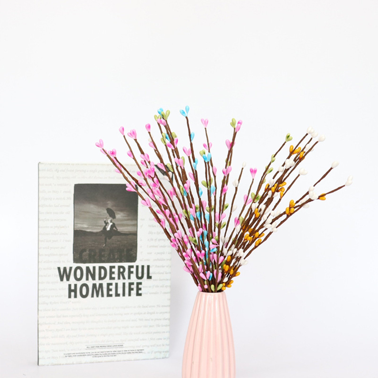 White Green Pink Easter Berry Stems 30cm Decor