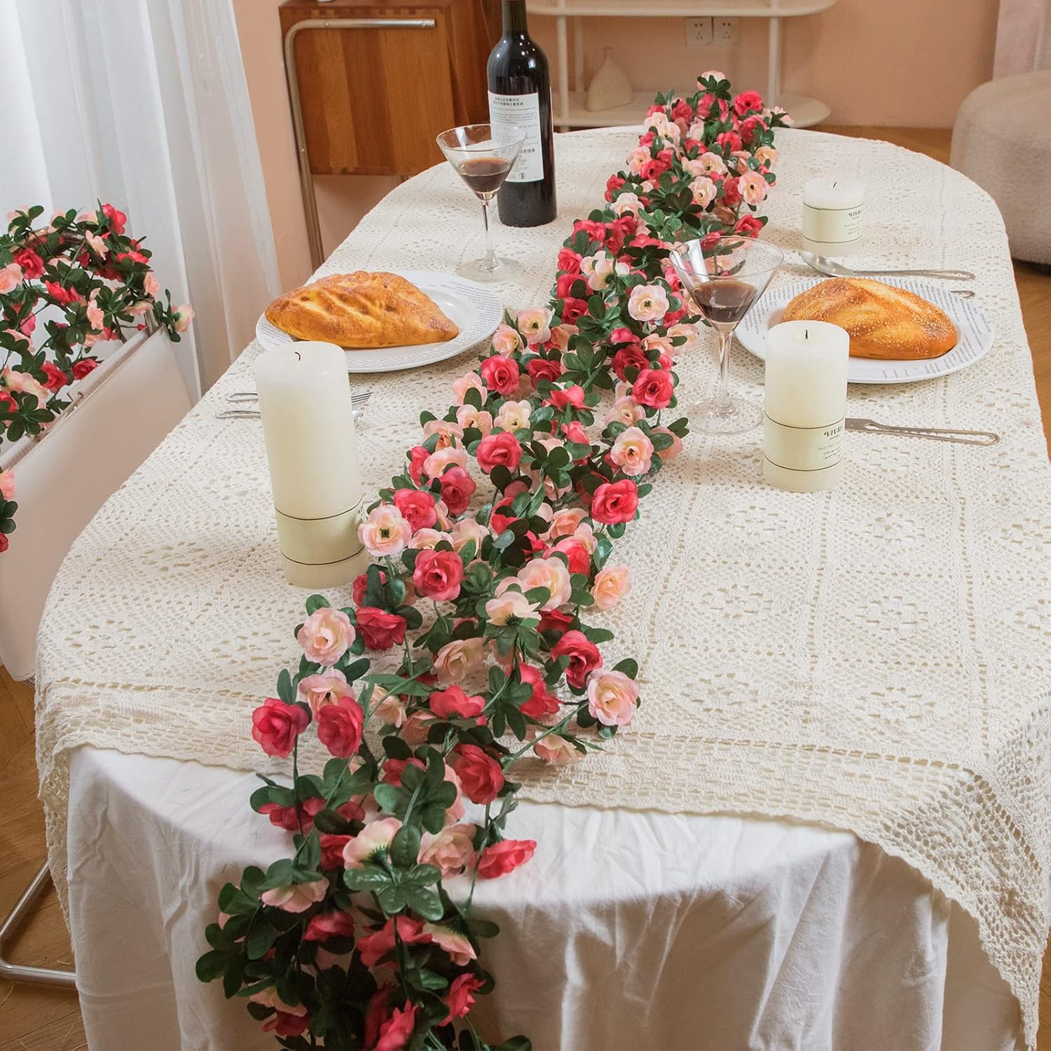 Flower Garland Rose Vines, 2 Strands 16.5Ft Flower Vines for Bedroom, Rose Flora
