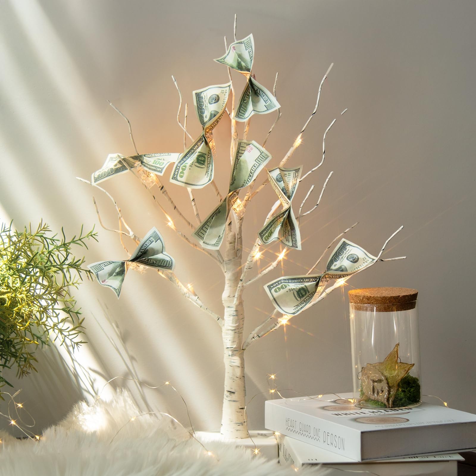 Money Tree Gift Holder, Lighted Tabletop Birch Tree with Clips and Greeting C…
