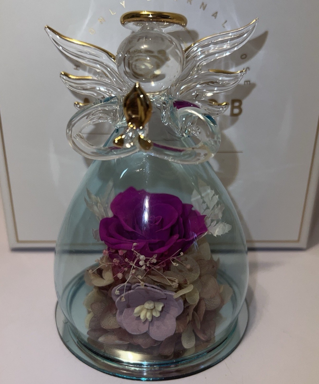 Alunob The Only Eternal Rose Last Forever Angel Blown Glass blue Gift open box