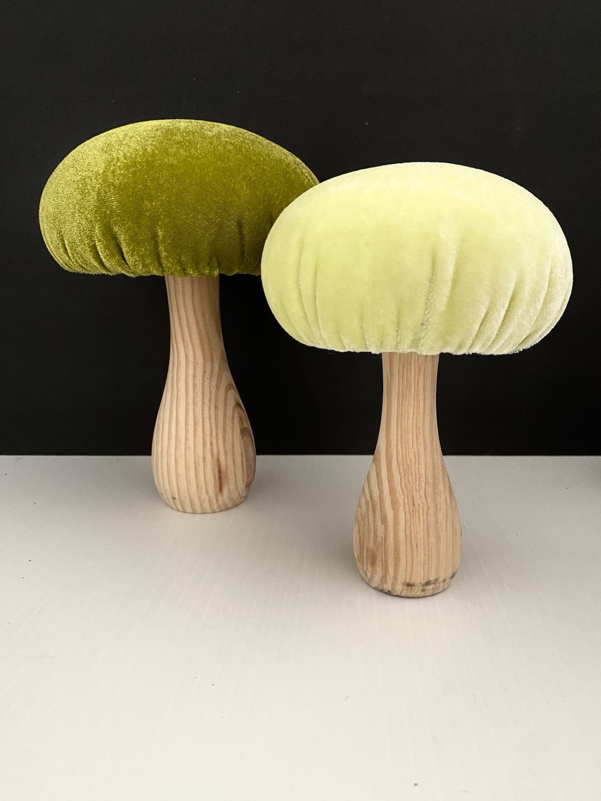 (2) Flora Bunda Green Velvet Mushroom Retro Mushrooms Shelf Sitter Spring Decor