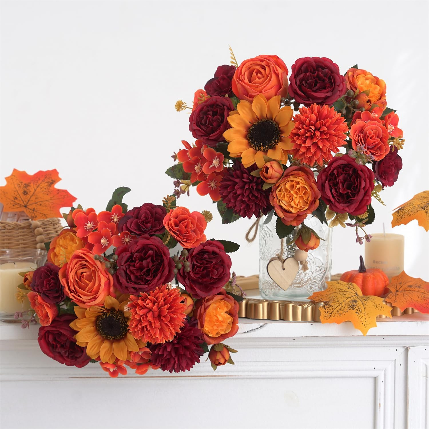 4 Pcs Mixed Autumn Artificial Peony Flower Set-2 Bouquets & 2 Stems, Burnt Orang
