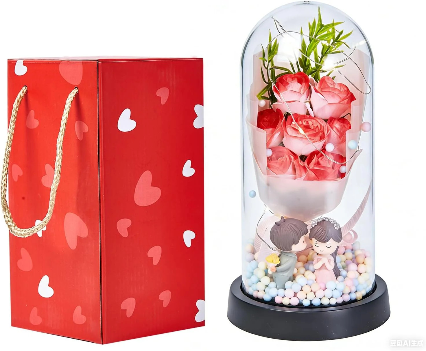 Preserved Flowers in Glass for Her,Pink Real Rose Bouquet with LED Light,Eternal