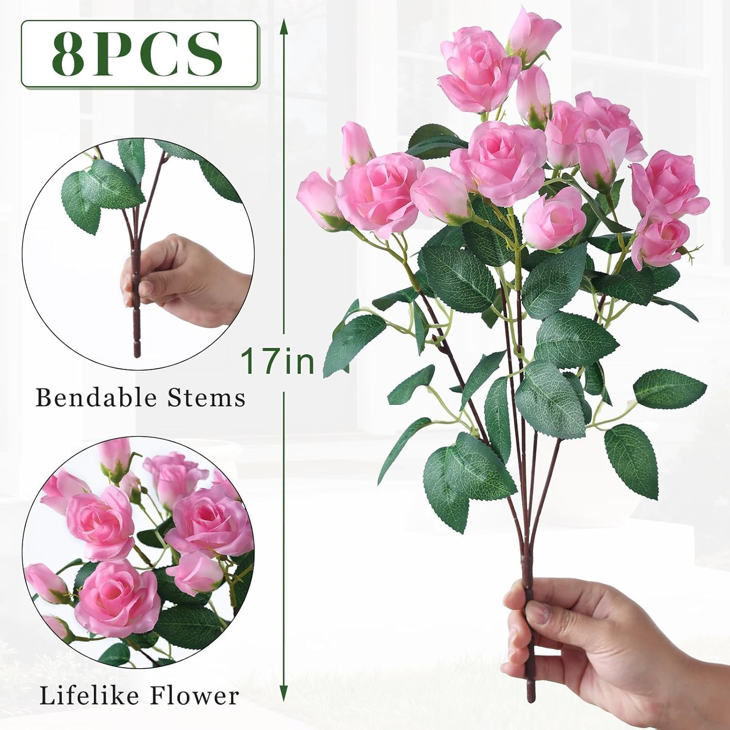 8 Bundles Artificial Roses for Front Door Outdoor Decor, Realistic Fake Silk …