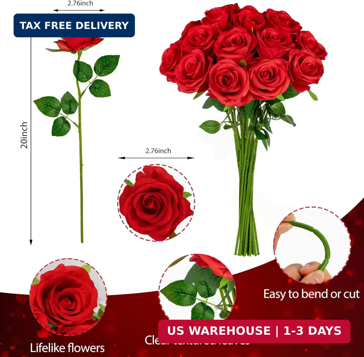 Ouddy Decor 20 Pcs Red Roses Artificial Velvet Silk Flowers Fake Roses Bouquet w
