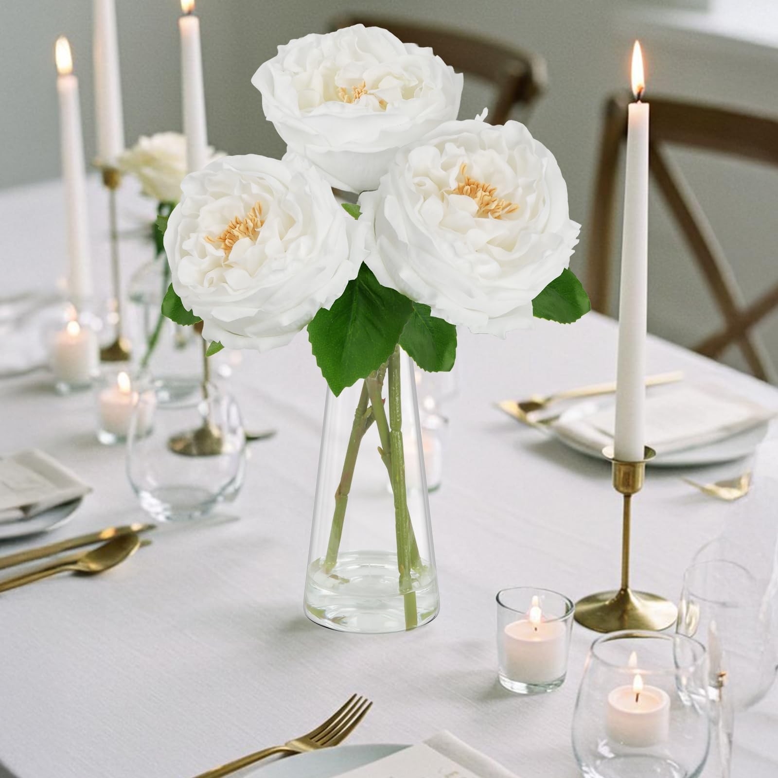 Faux White Peonies Artificial Flowers Vase Fake Water Silk Table Centerpiece