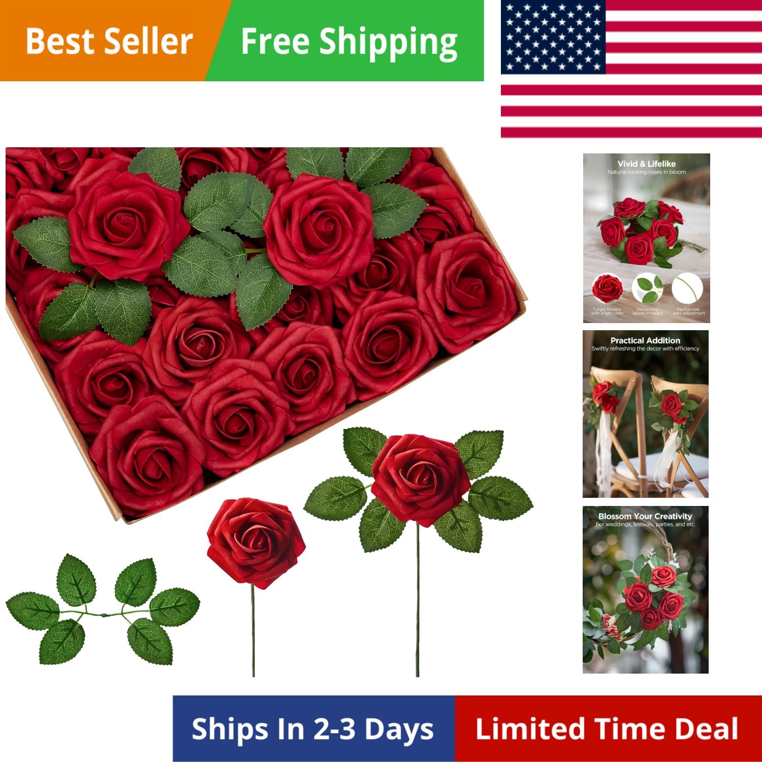 Artificial Flowers, 100 Pcs Dark Red Foam Fake Roses Bulk with Stems for Deco…