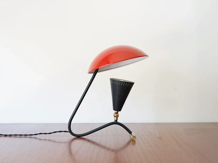 Mid-Century Modern Table Lamp – Red Dome Shade | Italian Style 1950s Des