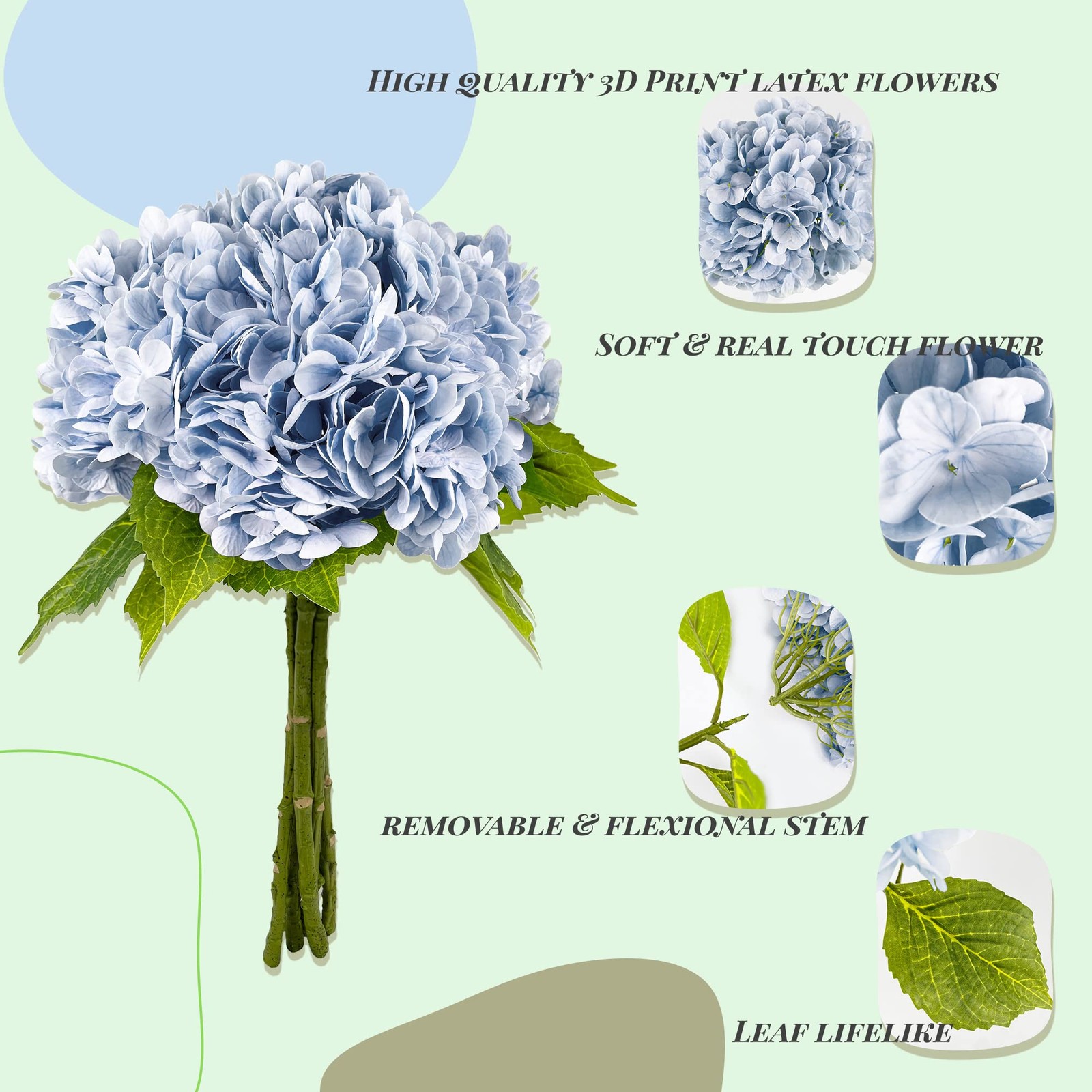 21In Blue Artificial Hydrangea Flowers 5 Pcs Real Touch 3D Print Latex Flower…