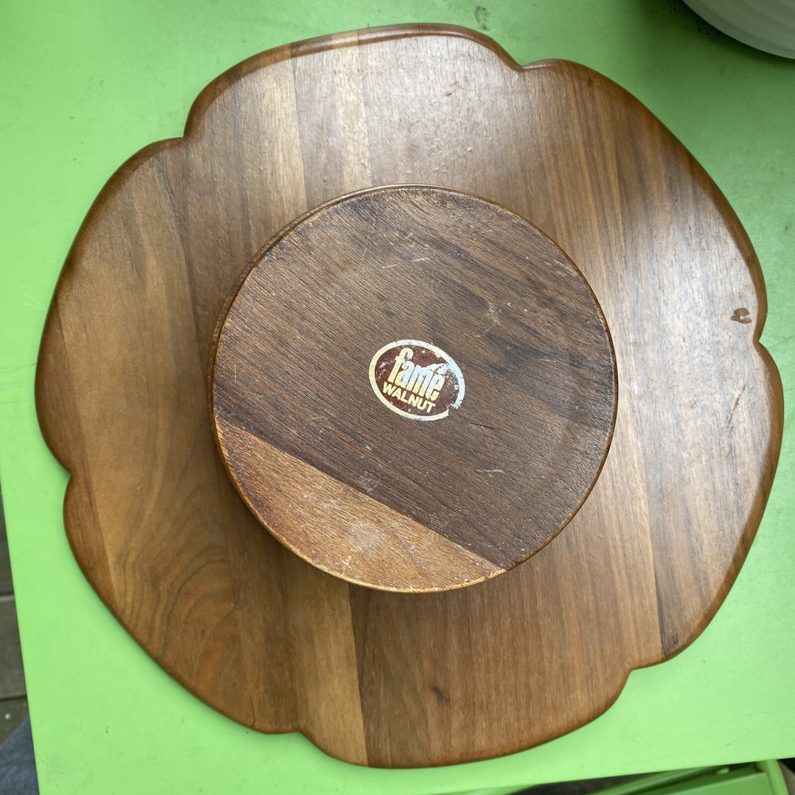 Vtg Wood Mcm Lazy Susan 13″ Turn Table Fame Walnut Retro Kitsch Boho Spinning