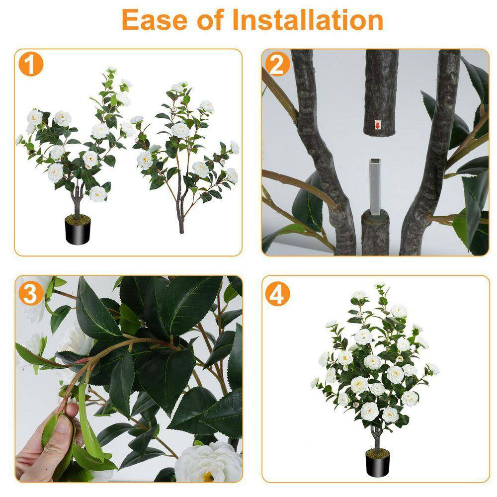 2PCS 3.6 Ft. Artificial Camellia Tree in Black Pot with 32 White Flowers & Dried