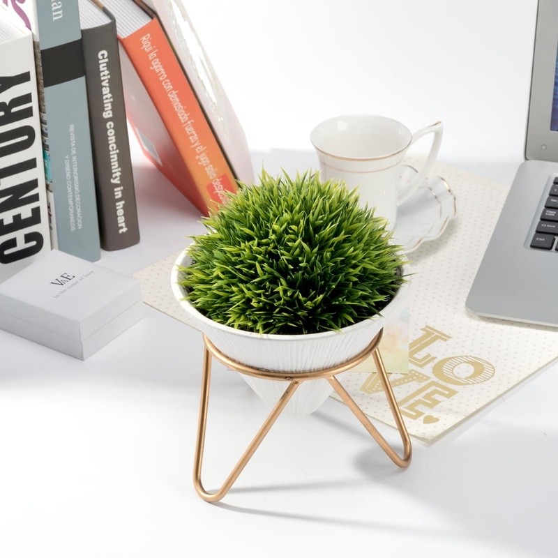 Faux Green Grass Plant in Ceramic Pot W/ Brass Metal Rack Home Office Decor New
