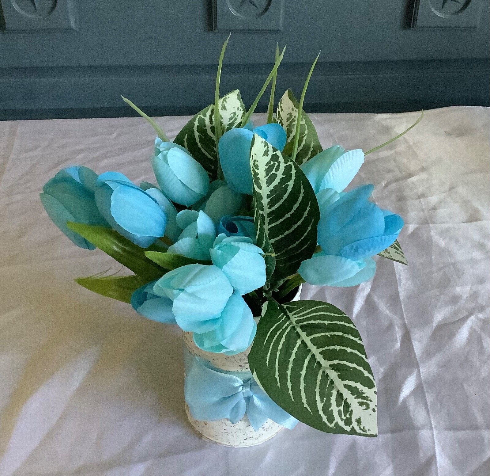 Spring/easter blue tulip centerpiece with glitter and painted upcycled tin can