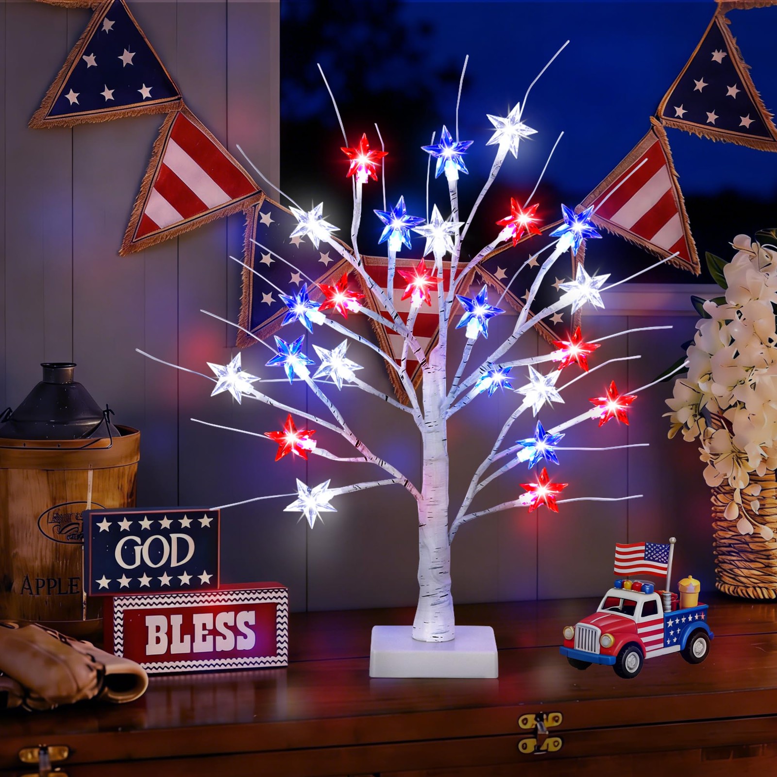 2 Pack 18″ 4th of July Patriotic Tree Lights with 24 LED Red White Blue Star …