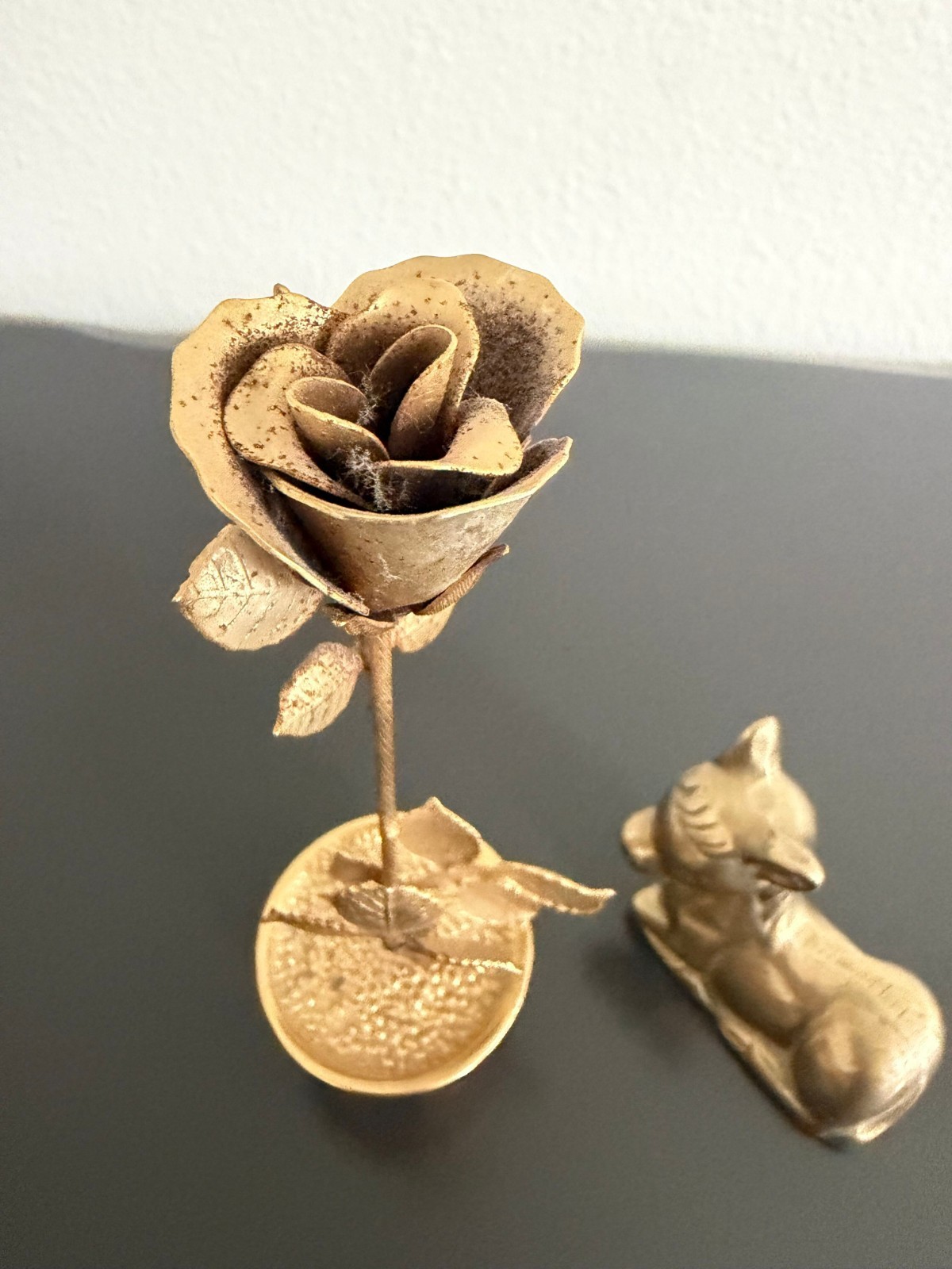 Vintage Brass Rose and Resting Fawn or Pony Figurine Miniature Home Decor MCM