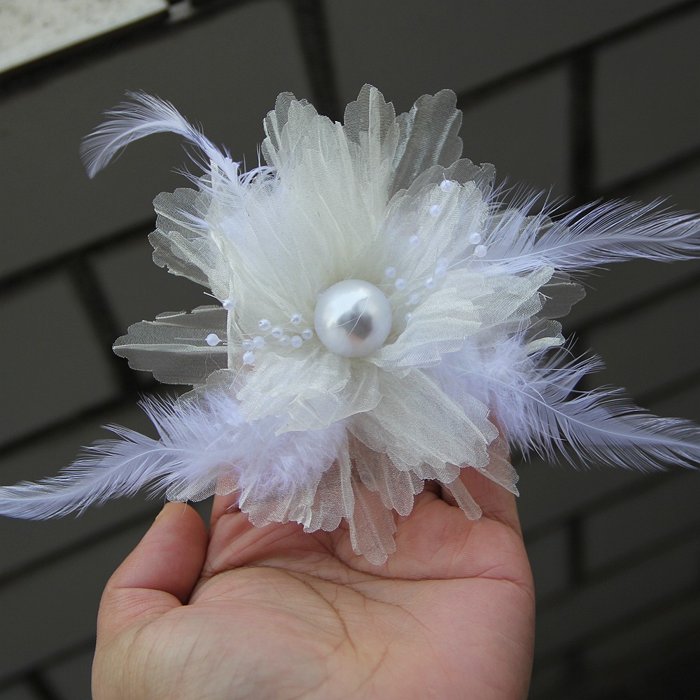 12.5cm New Organza Retro Pearl Feather Flower Floral Shape DIY Fabric Applique
