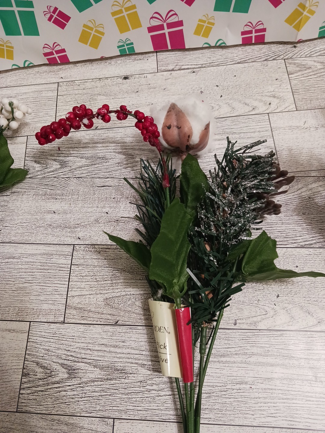 Cotton buds, pine cones, holly berry. Beautiful winter fall flower bouquets