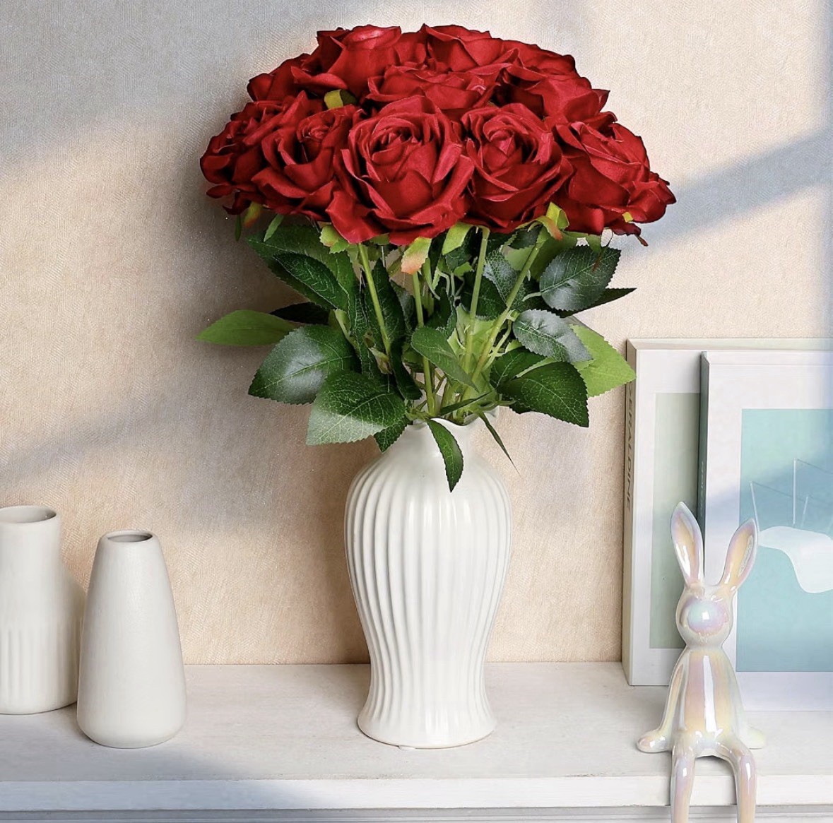 48pcs Red Roses Artificial Flowers,Realistic Long Stem Fake Silk Roses Bouquet