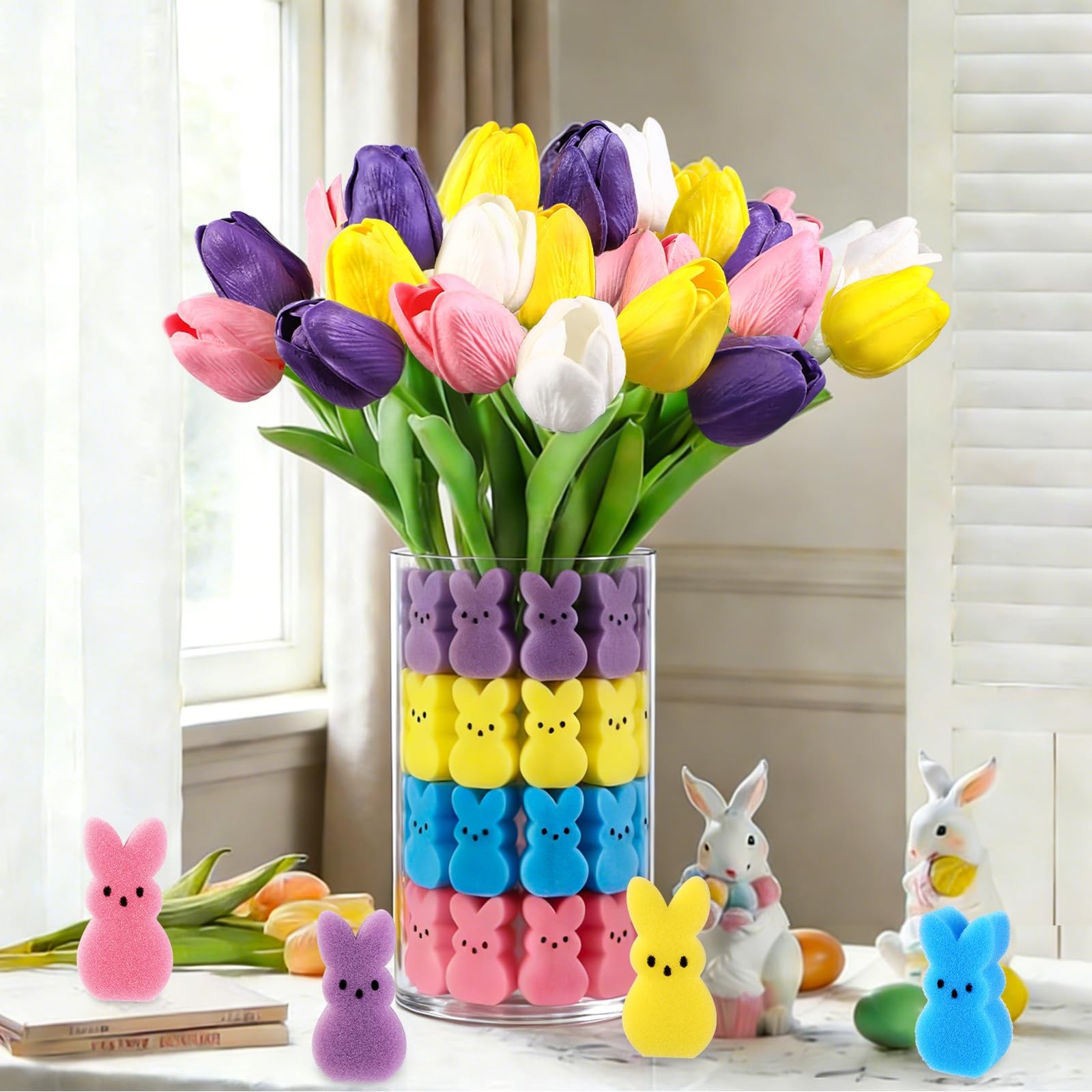 15 PCS Artificial Tulips 48 PCS Sponge Bunny Easter Vase Filler Set