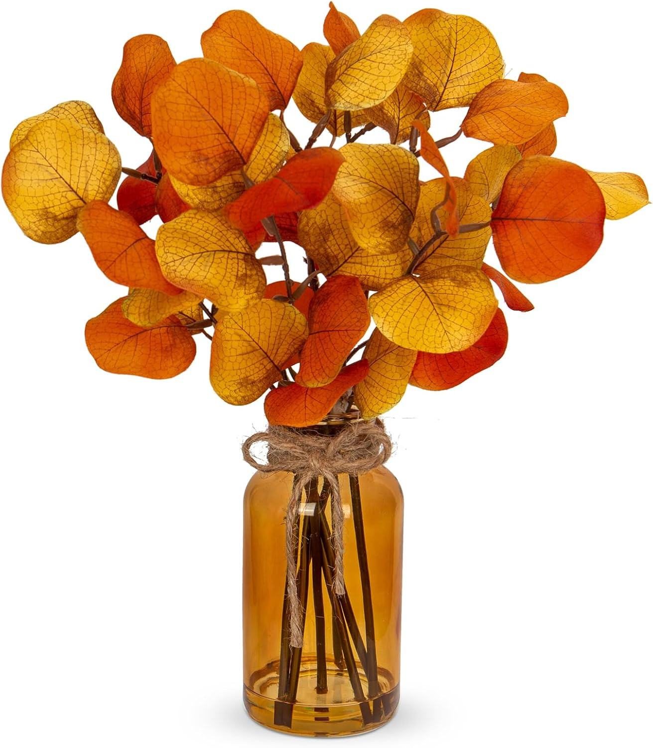 Artificial Eucalyptus Stems in Amber Glass Vase with Faux Water, 14″ Fake Fall P