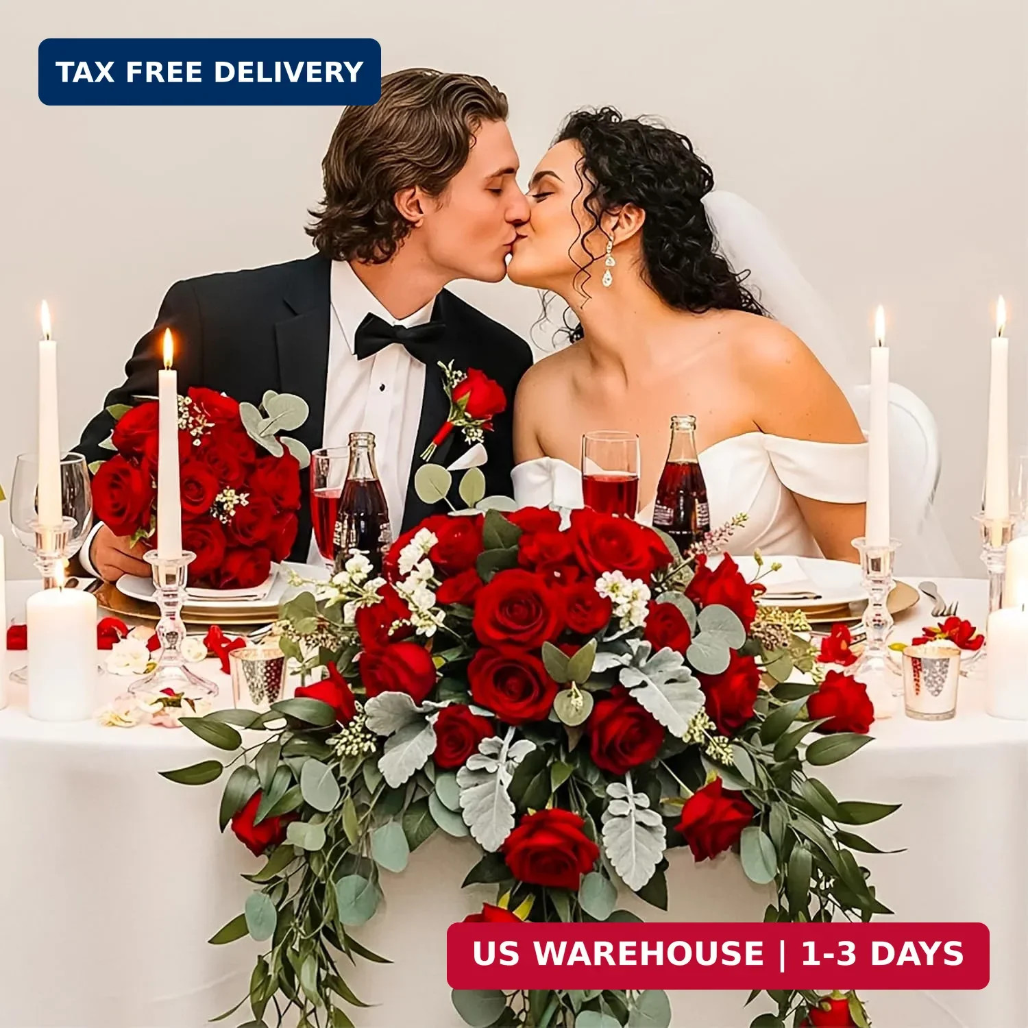 Auihiay 14PCS Red Roses Artificial Flowers, Fake Red Roses Bouquet with Long Ste