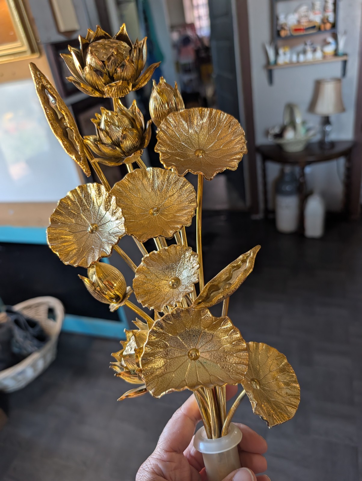 Gold Tone Metal Lotus Flower Altar Stems Set of 2 Buddhist