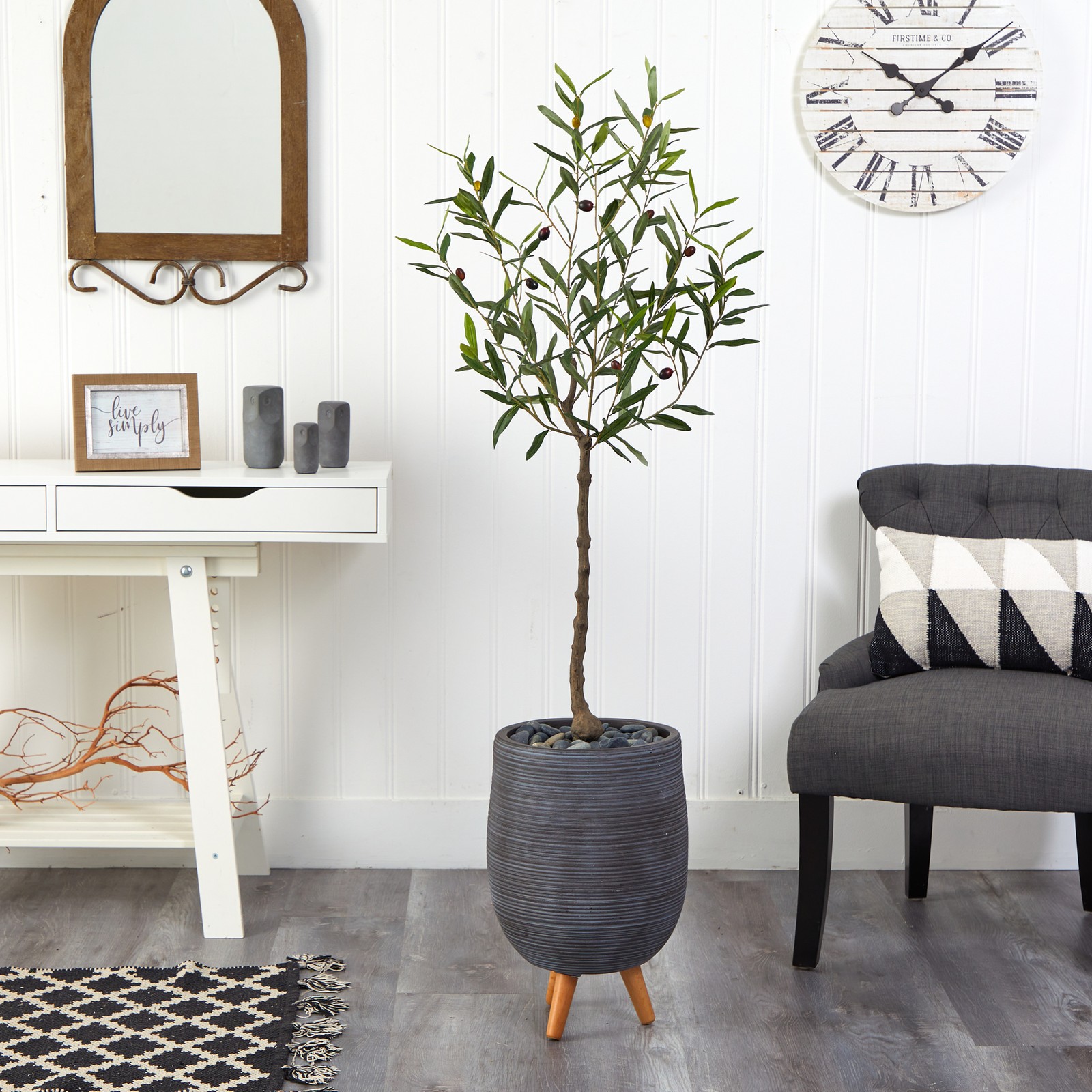 Nearly Natural 4.5ft Olive Artificial Tree in Gray Planter with Stand in Green