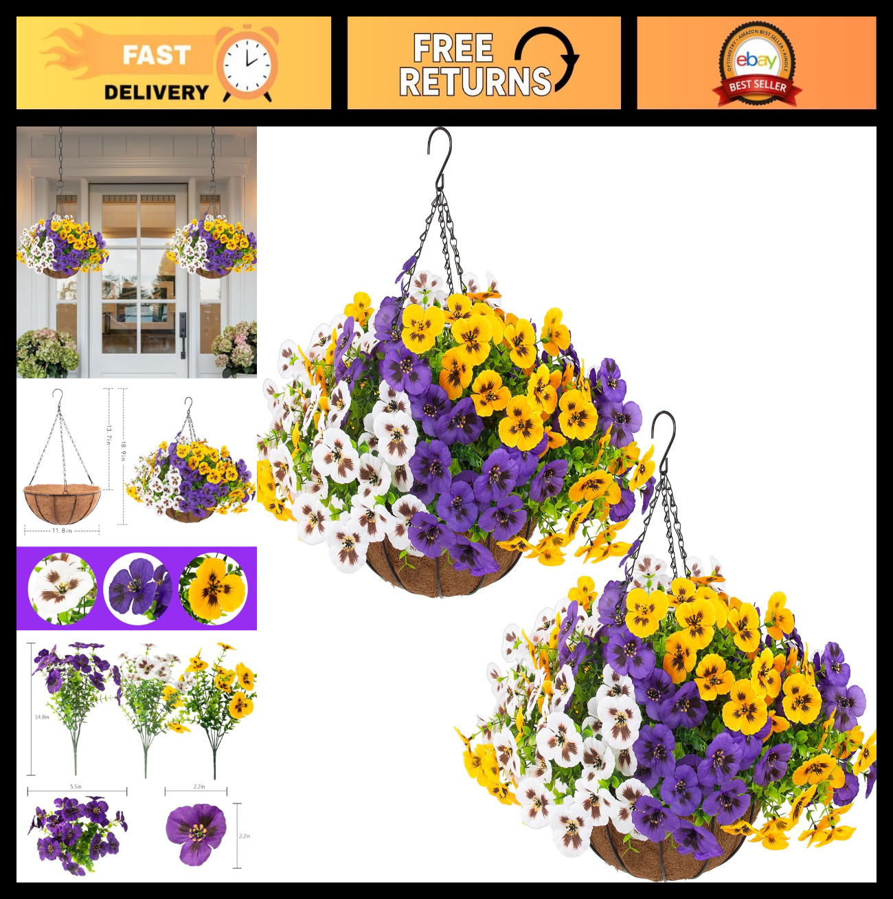 2 Sets UV Resistant Faux Silk Hanging Pansy Flowers with Baskets – 24 Pcs Outdoo