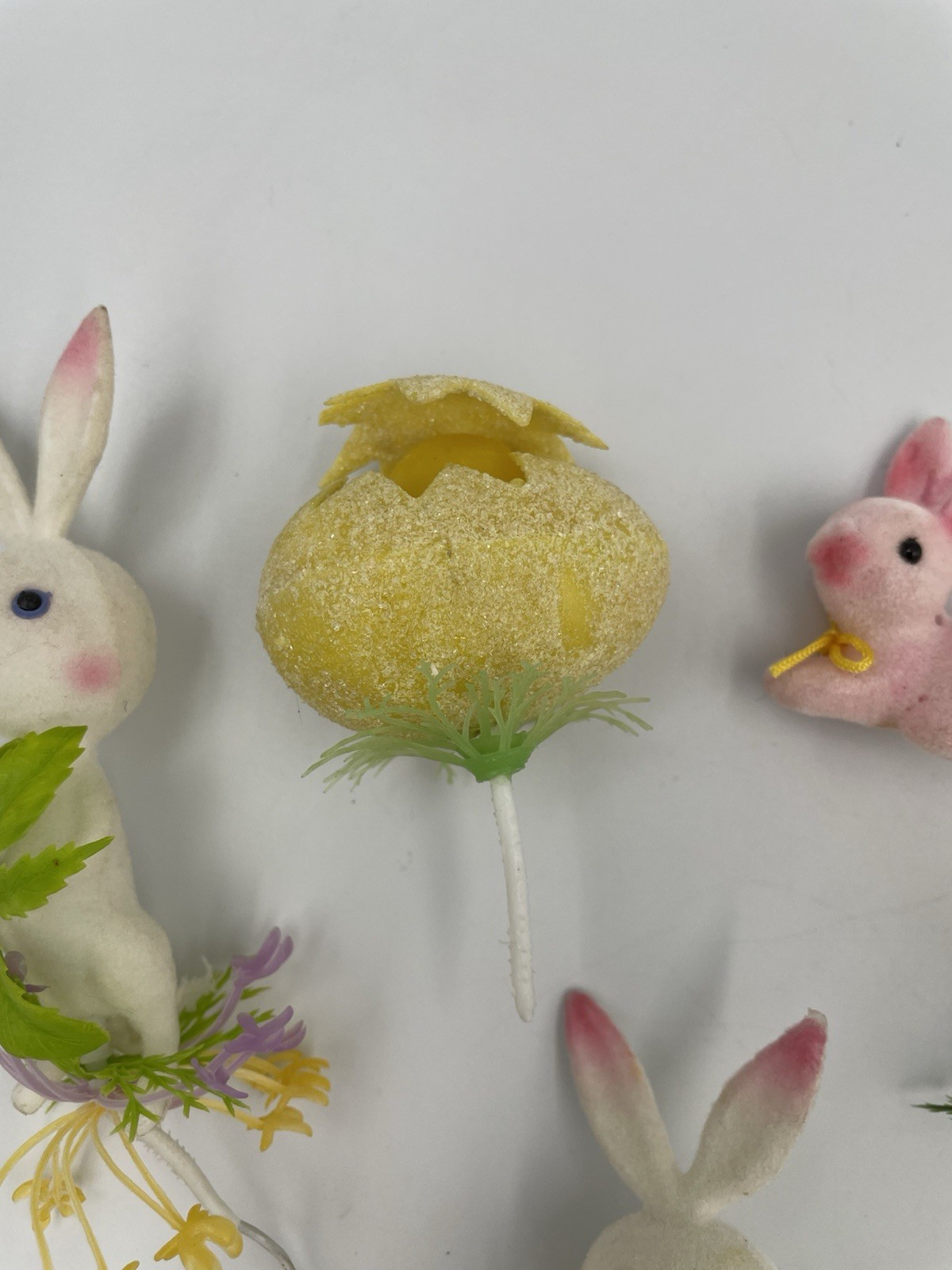 5 VTG Lot Flocked Easter Bunny Rabbit, Egg, Floral Pick Plastic Decoration A20