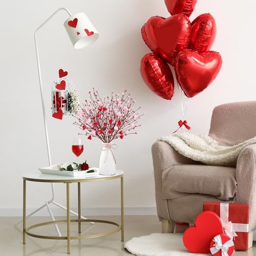 Heart Shaped Berry Picks 6 Pcs Artificial Red Berry Twig Flowers Stem Green