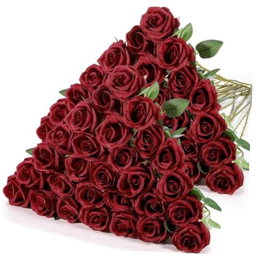 40 Pcs Rose Artificial Flowers Bulk with Long Stem,Realistic Silk Wine Red