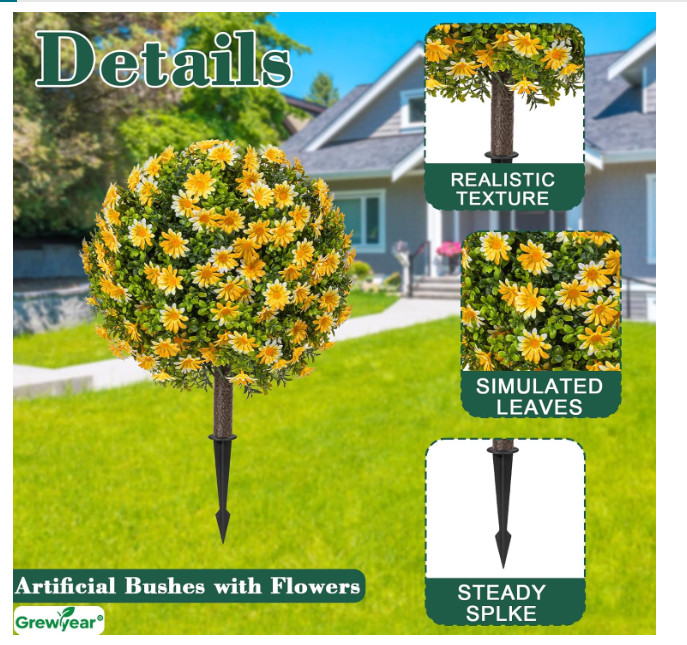 Fall Artificial Topiary Ball with Spike Set of 2, Faux Boxwoods Yellow