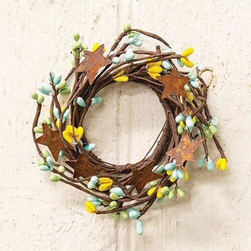 NEW YELLOW GREEN BLUE 2″ Pip Berry Candle Ring w/ Rusty Stars Cottage Farmhouse