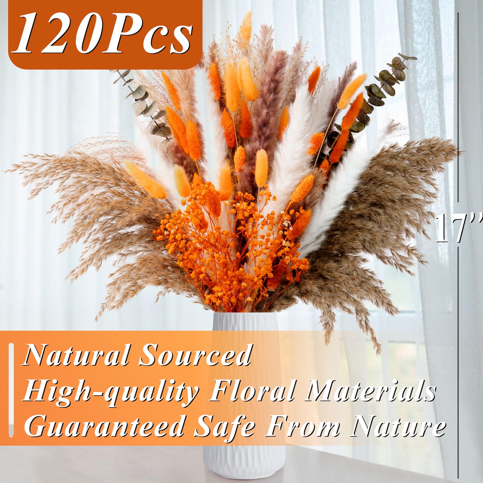 120Pcs Orange Dried Pampas Grass Bouquet, 17” Natural Baby’s Breath, Bunny T…
