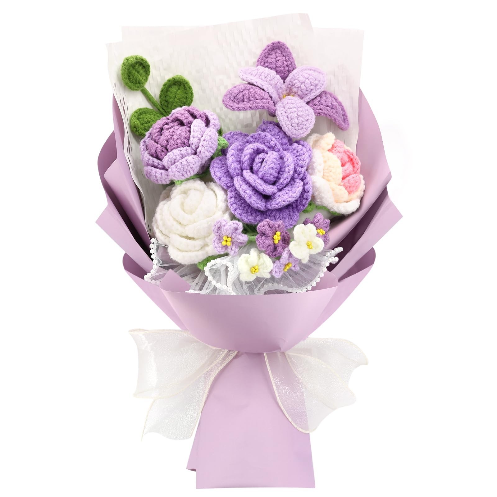 Handmade Crochet Flower Bouquet – Cotton Thread Roses, Tulips & Ferns – Gift Ide