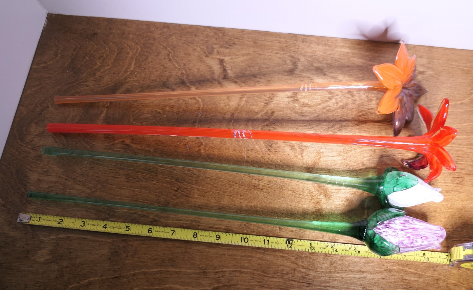 4 Art Glass Flowers Long Stem Czech Republic Royal Gallery Lilies Tulips 18″