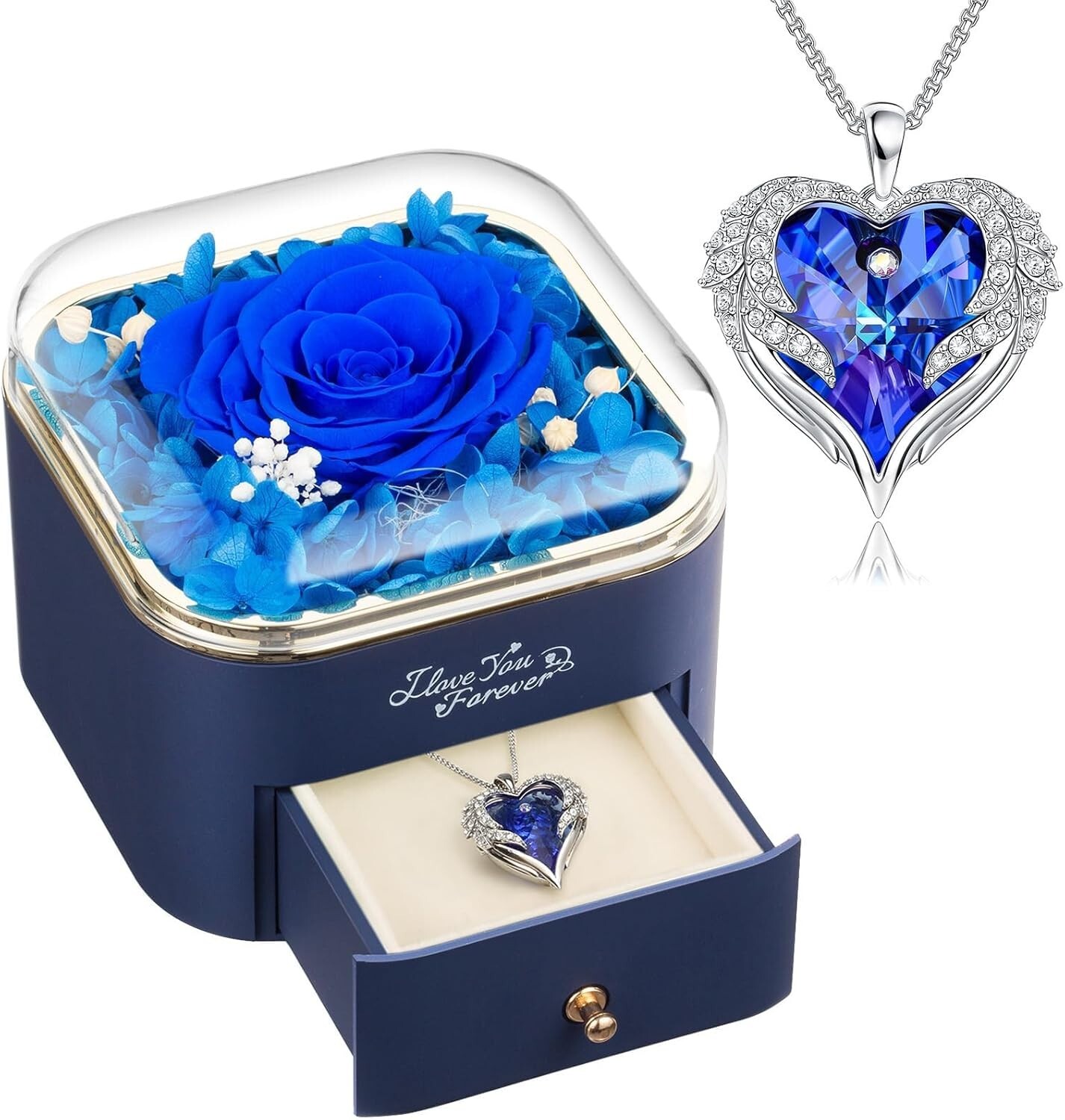 Stunning Blue Preserved Rose with Heart Necklace – Anniversary and Birthday Gift