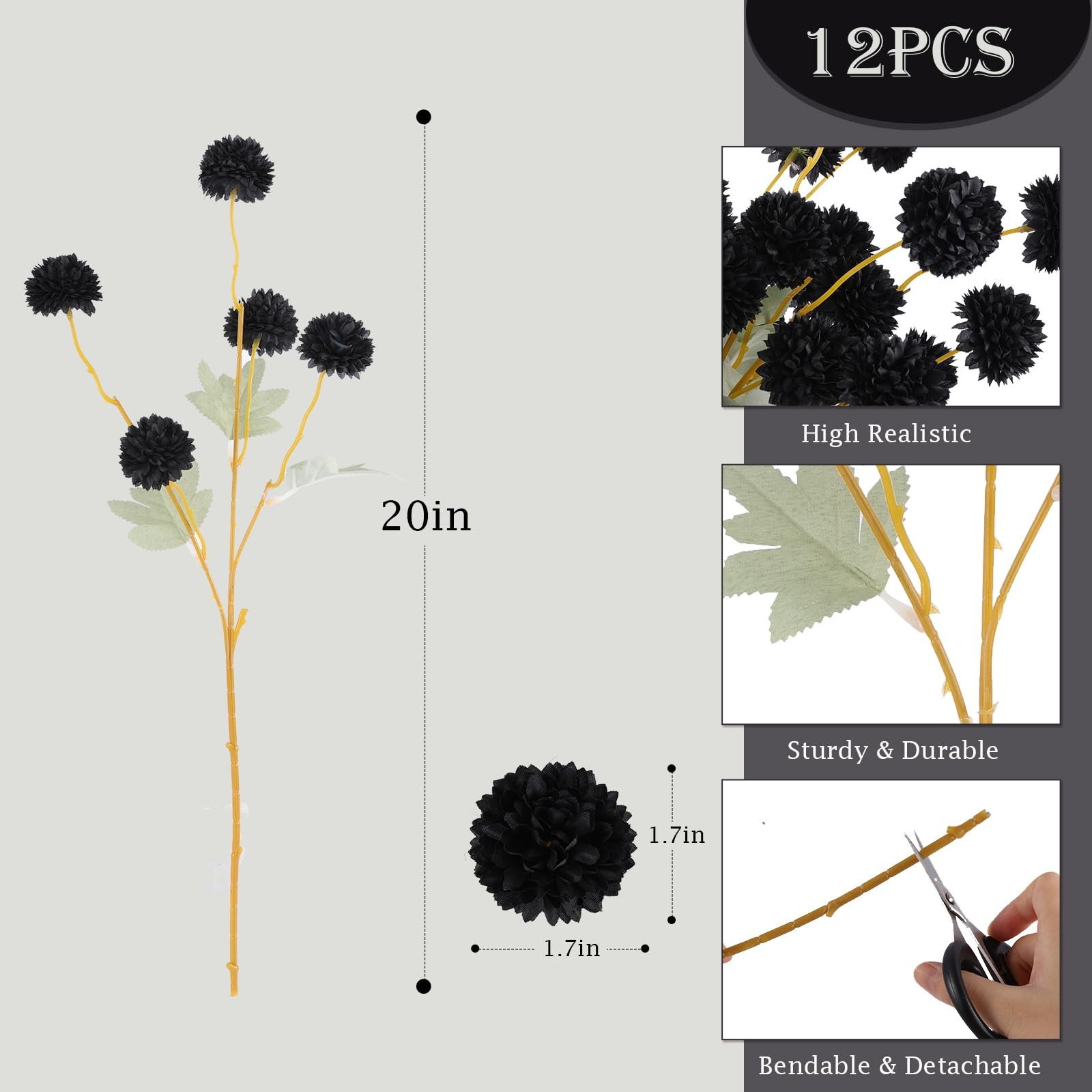 12 PCS Artificial Black Chrysanthemum Kiku Pom Mums Faux Floral Halloween